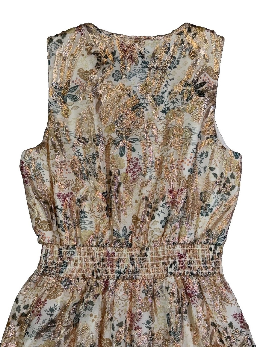 Daniel Rainn Eileen Sleeveless Maxi Dress Gold Floral Lurex Smocked Waist S - Picture 4 of 16